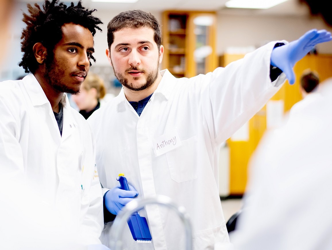 Two young males talking together in a research lab