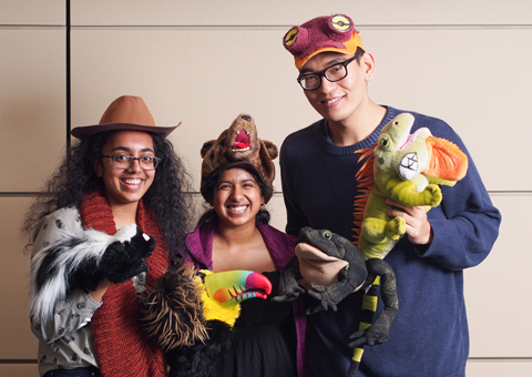 Undergrads at the photo booth during the biosciences networking event.