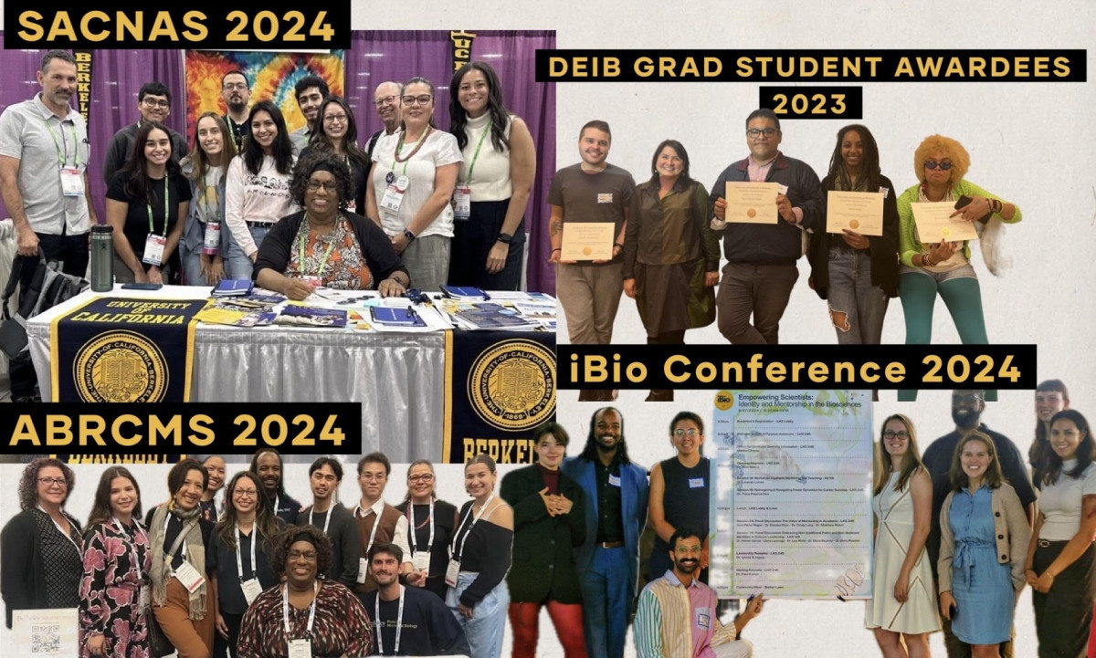 Collage of students and staff at various DEI conferences and events such as SACNAS 2023, DEIB Grad Student Awardees 2023, iBio Conference 2023, ABRCMS 2023, and Ivy League Fair 2023