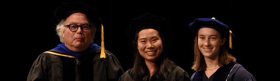 MCB Co-Chair and Professor Donald Rio, PhD Graduates Jingxun Chen and Madeleine Jensen