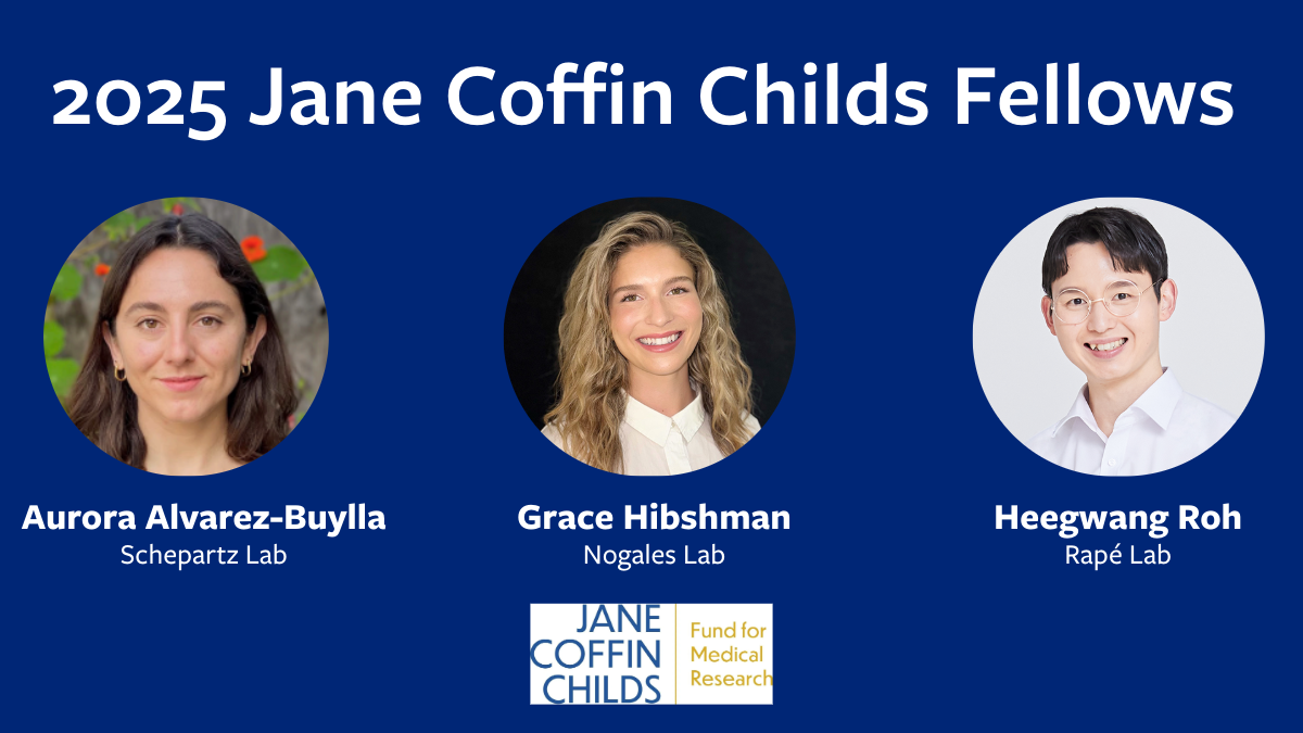 2025 Jane Coffin Childs Fellows Aurora Alvarez-Buylla (Schepartz Lab), Grace Hibshman (Nogales Lab) and Heegwang Roh (Rapé Lab)