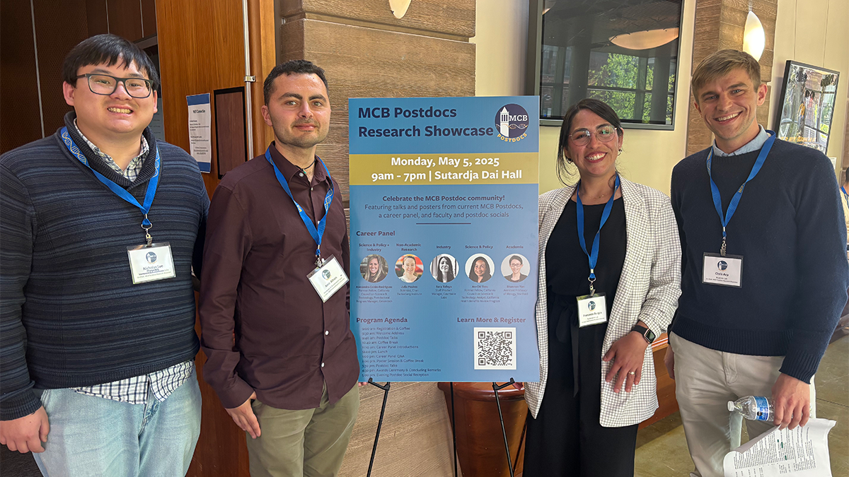 MCB Postdocs Research Showcase Co-Chairs (left to right): Nicholas Lue, Amir Bitran, Francesca Burgos-Bravo, Christopher Arp
