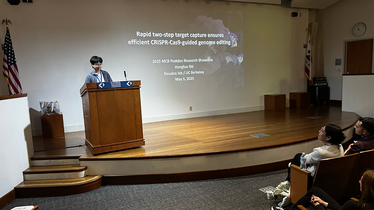 MCB postdoc Honglue Shi (Doudna Lab) giving his talk entitled "Rapid two-step target capture ensures efficient CRISPR-Cas9-guided genome editing"
